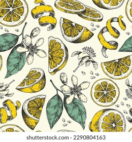 Citrus seamless pattern with lemons and flowers.Floral pattern with lemon