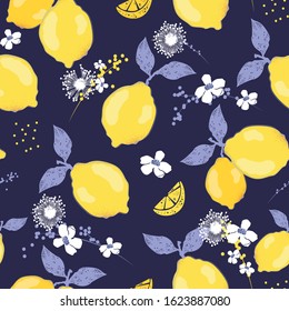 Citrus seamless pattern with lemons and flowers.Summer tropical vector background.Textile texture with fruits.Fabric with flowers and lemons