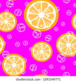Citrus seamless pattern with lemons, oranges, leaves, ice and bubbles on a pink background. Cocktail.