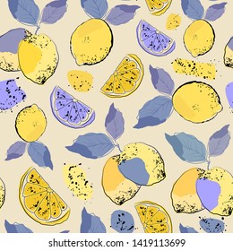 Citrus seamless pattern with lemons.Vector summer background with fruits.Textile texture