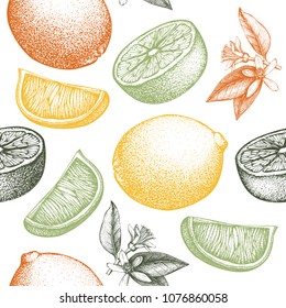 Citrus seamless pattern. Lime background. Vector fruit illustration. Summer drawing for logo, icon, label, packaging design.