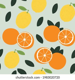 Citrus seamless pattern modern illustration. Lemon and orange fruits with leaves.