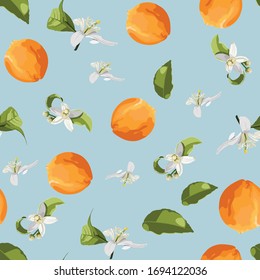 Citrus seamless pattern with orange fruit, leaves and flowers isolated on blue background. Best for print, textile, wrapping paper.