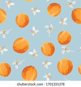 Citrus seamless pattern with orange fruit, leaves and flowers isolated on blue background. Best for print, textile, wrapping paper.	