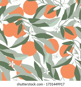 Citrus seamless pattern with oranges and flowers.Summer vector background with fruits.Textile texture with citrus fruits.Tropical citrus floral background