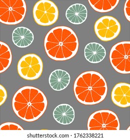 Patrón transparente de cítricos. Naranjas, pomelo y limas sobre fondo gris. Papel pintado de frutas de estilo. Decoración elegante de verano dibujada a mano.