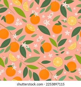 Citrus seamless pattern with oranges and leaves. Vector illustration.