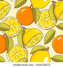 Citrus. Seamless pattern of oranges and lemons. Flat illustration style