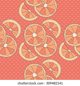 Citrus seamless pattern. Pink background with oranges and dots.