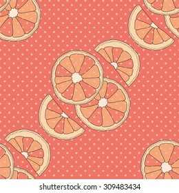 Citrus seamless pattern. Pink background with oranges and dots.