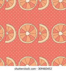 Citrus seamless pattern. Pink background with oranges and dots.