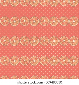 Citrus seamless pattern. Pink background with oranges and dots.