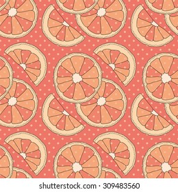 Citrus seamless pattern. Pink background with oranges and dots.