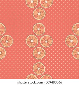 Citrus seamless pattern. Pink background with oranges and dots.