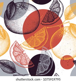 Citrus seamless pattern. Pomelo background. Vector grapefruit illustration. Summer fruits drawing for logo, icon, label, packaging design.