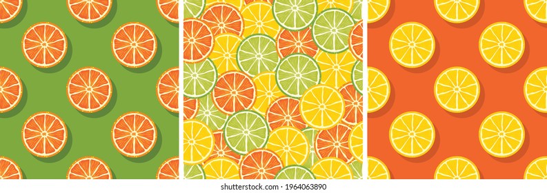 Citrus seamless pattern set: lemon, lime, orange slices. Vector.