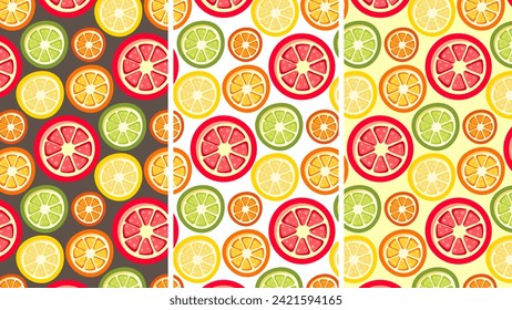 Nahtlose Zitrusmuster mit Orange, Zitrone, Limette, Grapefruit, Mandarin auf dunklem Hintergrund
