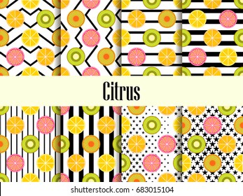 Citrus seamless pattern set. Orange, kiwi and lemon. Fruits with zig zag, black streaks on the background. Vector illustration