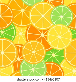 Citrus seamless pattern. Slices of lemon, lime and orange. Fruit collection. Vector background EPS 8.