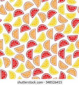 Citrus seamless pattern. Slices of tropical fruits isolated on white background. Different citruses: grapefruit, lemon, orange. Summer juicy illustration. Can be used for wallpapers, posters. Vector