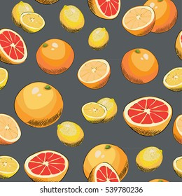 Citrus seamless pattern. Vector illustration of grapefruit, orange and lemon on grey background