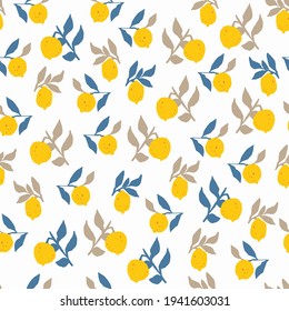 Patrón transparente de cítricos con limones amarillos y hojas azules. Fondo de verano vectorial plano, impresión cítrica para papel de envoltura y diseño textil