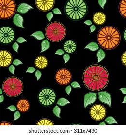 Citrus Seamless Tile with oranges, limes, lemons and grapefruits, on a black background, tile seamlessly.