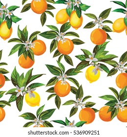 Citrus seamless vector pattern with lemons and oranges.Template for cover, paper and pack design.