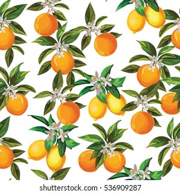 Citrus seamless vector pattern with lemons and oranges.Template for cover, paper and pack design.