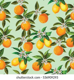 Citrus seamless vector pattern with lemons and oranges.Template for cover, paper and pack design.