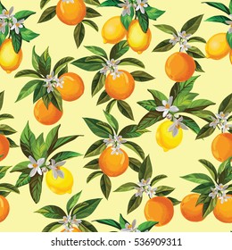 Citrus seamless vector pattern with lemons and oranges.Template for cover, paper and pack design.