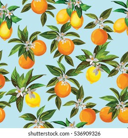 Citrus seamless vector pattern with lemons and oranges.Template for cover, paper and pack design.