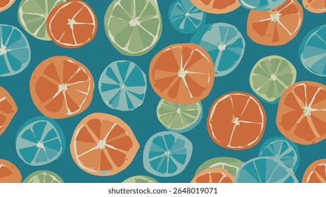 Segmentos de citros se dispersam aleatoriamente em um simples fundo escuro criando um design de padrão