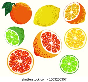  Citrus set: lemon, orange, lime and grapefruit and their slices. Vector illustration isolated.