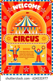 Citrus show vertical advertising poster with flat circus artwork stars tent clown characters and editable text vector illustration