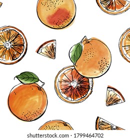 Citrus sketch pattern. Drawing in ink and watercolors on a white background. Oranges