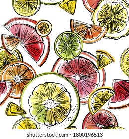Citrus sketch pattern. Drawing in ink and watercolors on a white background. Oranges