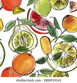 Citrus sketch pattern. Drawing in ink and watercolors on a white background. Oranges