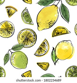 Citrus sketch pattern. Drawing in ink and watercolors on a white background. Lemons, Lime