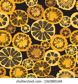Citrus Slice Graphic Seamless Pattern on Black Background
