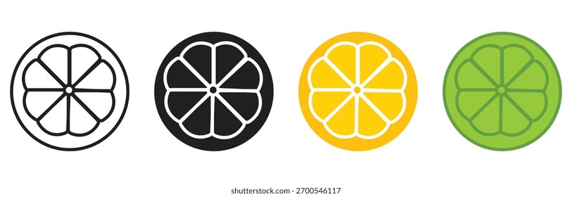 Conjunto de ícones de fatias de citrinos. Ícones de vetor de fatia de laranja limão e toranja definidos isolados no plano de fundo branco. ilustração de vetor.