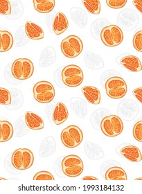 Citrus slice oranges fruit outline and colors seamless pattern on white background. Vector flat cartoon illustration.
