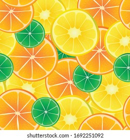 Citrus slice seamles pattern, realistic elements, orange, yellow, green, lime, lemon, tangerine, mandarine