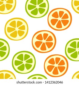 Citrus slice seamless pattern. Lemon, lime, orange and mandarin. Sweet exotic tropical fruits. Fashion design. Food print for dress, textile, curtain or linens. Hand drawn vector sketch background. 