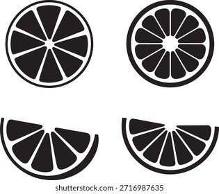 Citrus fatia silhueta ícone vetor conjunto com peças de limão limão laranja inteiro e meia