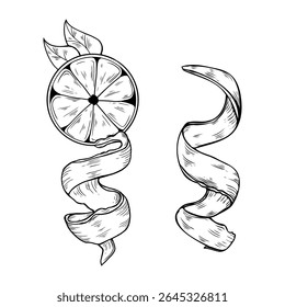  Fatia de citrinos com casca espiral e folhas. Ilustração em preto e branco desenhada à mão em estilo de gravura vintage. Perfeito para rótulos de suco, embalagem e design botânico. Arte com linha de limão
