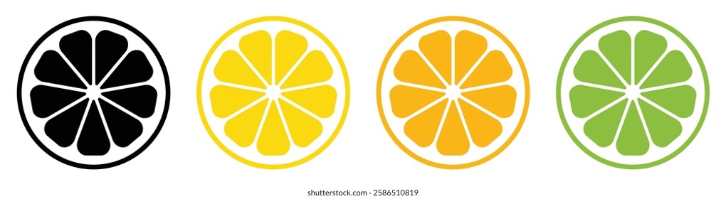 Citrus slice vector set isolated. Lemon, orange, lime and grapefruit slice. Slice fruit citrus collection. Colored and black design. Flat style. Vector illustration.