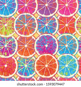 Citrus slices displayed in vibrant rainbow colors, Pop art style seamless vector pattern.
