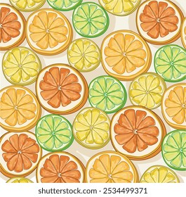 Citrus slices fresh seamless pattern lemon lime  grapefruit orange fruit  summer food illustration isolated on white background
