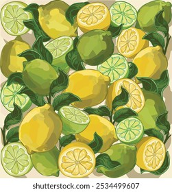 Citrus slices fresh seamless pattern decorated with leaves lemon lime fruit summer food illustration isolated on white background